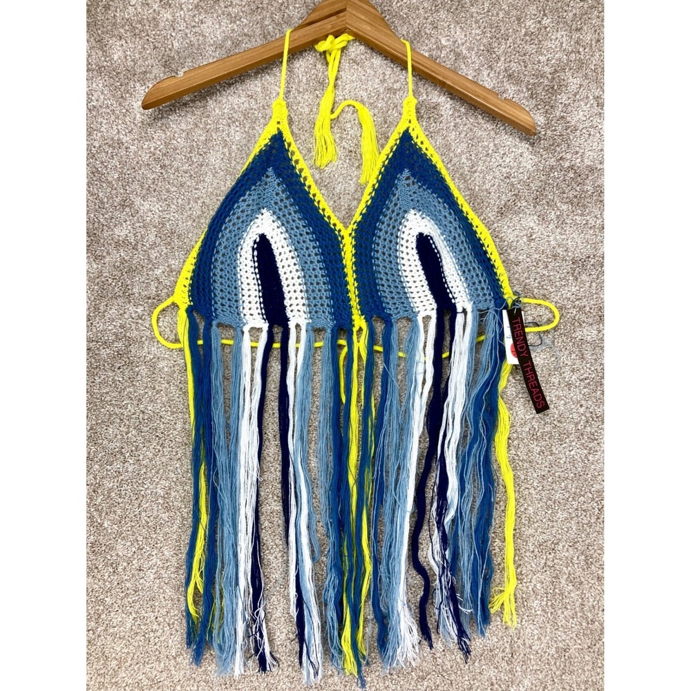 Trendy Threads Evil Eye Crochet Fringe Halter Top Womens XL Blue Yellow Festival